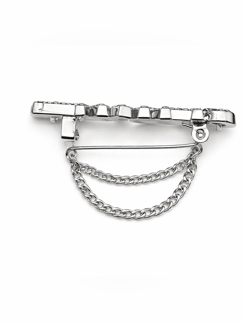 CHANEL Silver Crystal Logo Double Chain Brooch - Picture 3 of 4
